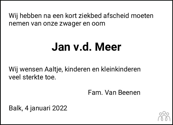 Overlijdensbericht van Jan van der Meer in Balkster Courant