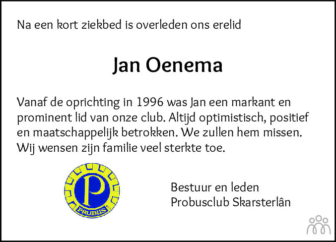Overlijdensbericht van Jan Oenema in Jouster Courant Zuid Friesland