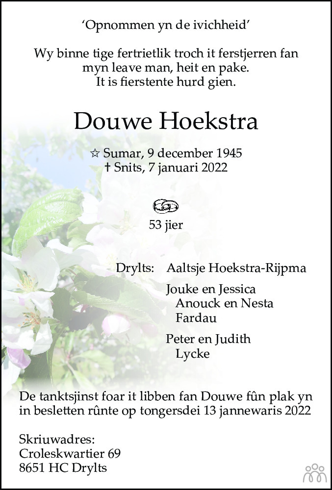 Overlijdensbericht van Douwe Hoekstra in Sneeker Nieuwsblad