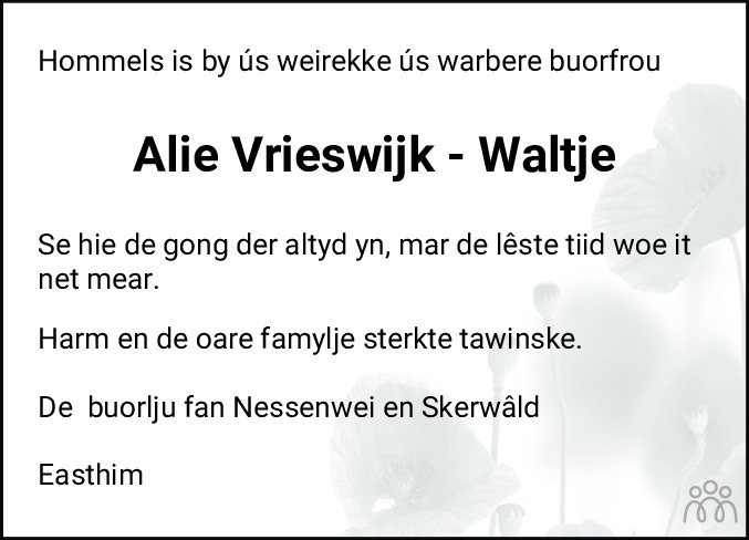 Overlijdensbericht van Alie Vrieswijk-Waltje in Sneeker Nieuwsblad