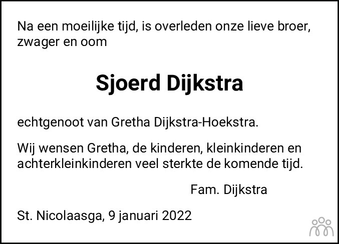 Overlijdensbericht van Sjoerd Jozef Dijkstra in Leeuwarder Courant