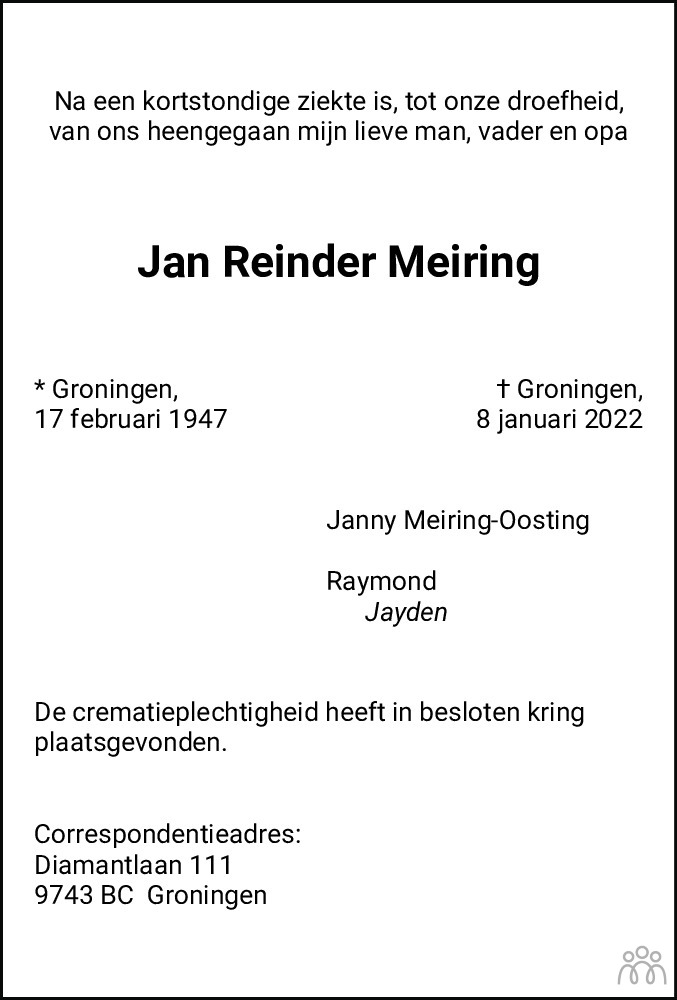 Overlijdensbericht van Jan Reinder Meiring in Dagblad van het Noorden