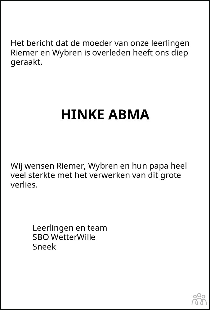 Overlijdensbericht van Hinke Boersma-Abma in Bolswards Nieuwsblad