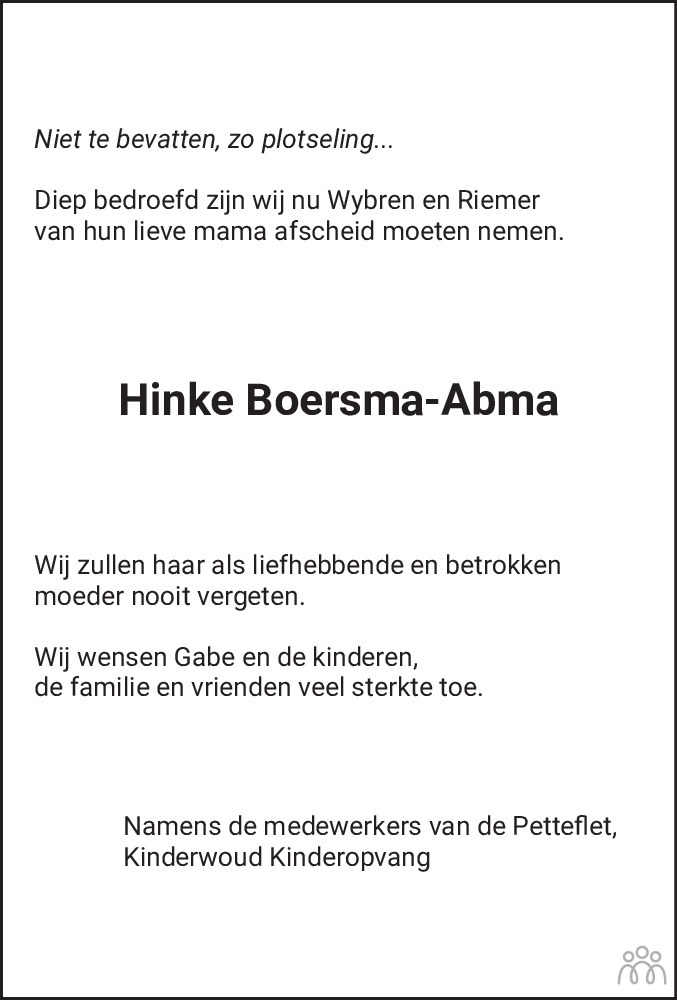 Overlijdensbericht van Hinke Boersma-Abma in Leeuwarder Courant