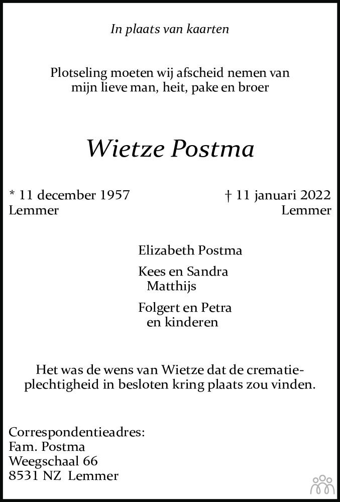 Overlijdensbericht van Wietze Postma in Jouster Courant Zuid Friesland