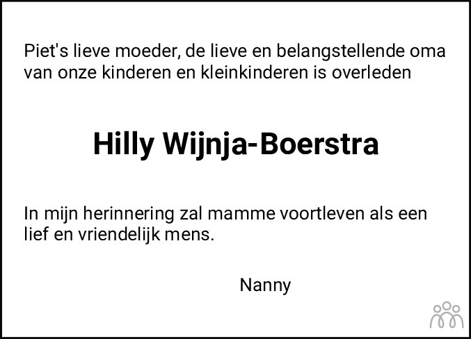 Overlijdensbericht van Hilly Wijnja-Boerstra in Sneeker Nieuwsblad