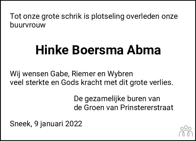 Overlijdensbericht van Hinke Boersma-Abma in Sneeker Nieuwsblad