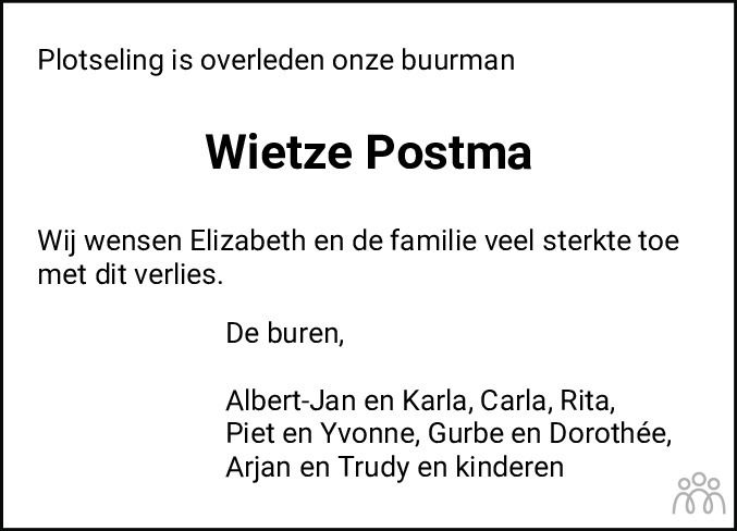 Overlijdensbericht van Wietze Postma in Jouster Courant Zuid Friesland