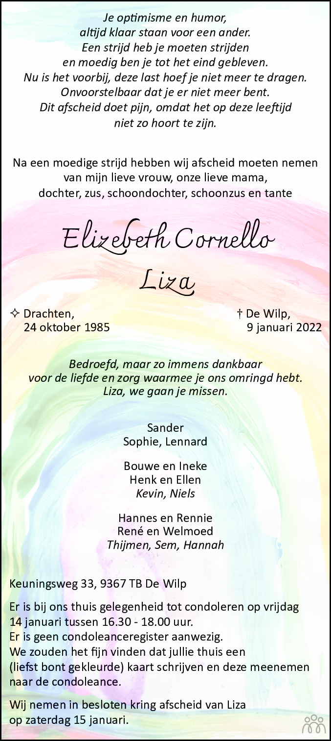 Overlijdensbericht van Elizebeth (Liza) Cornello in Dagblad van het Noorden