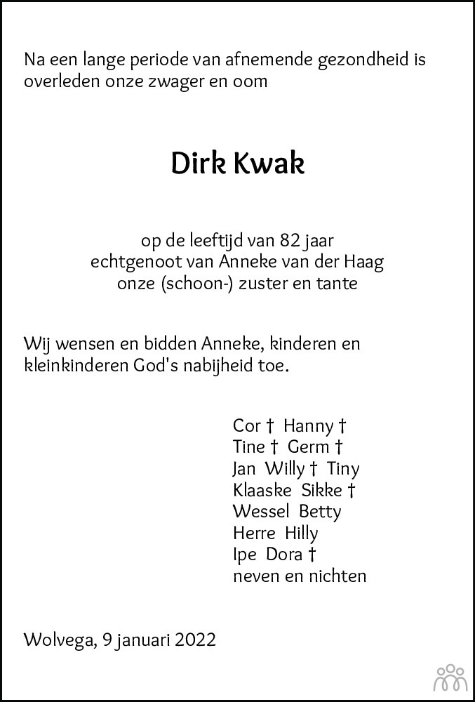 Overlijdensbericht van Dirk (Dirk Paul) Kwak in Leeuwarder Courant