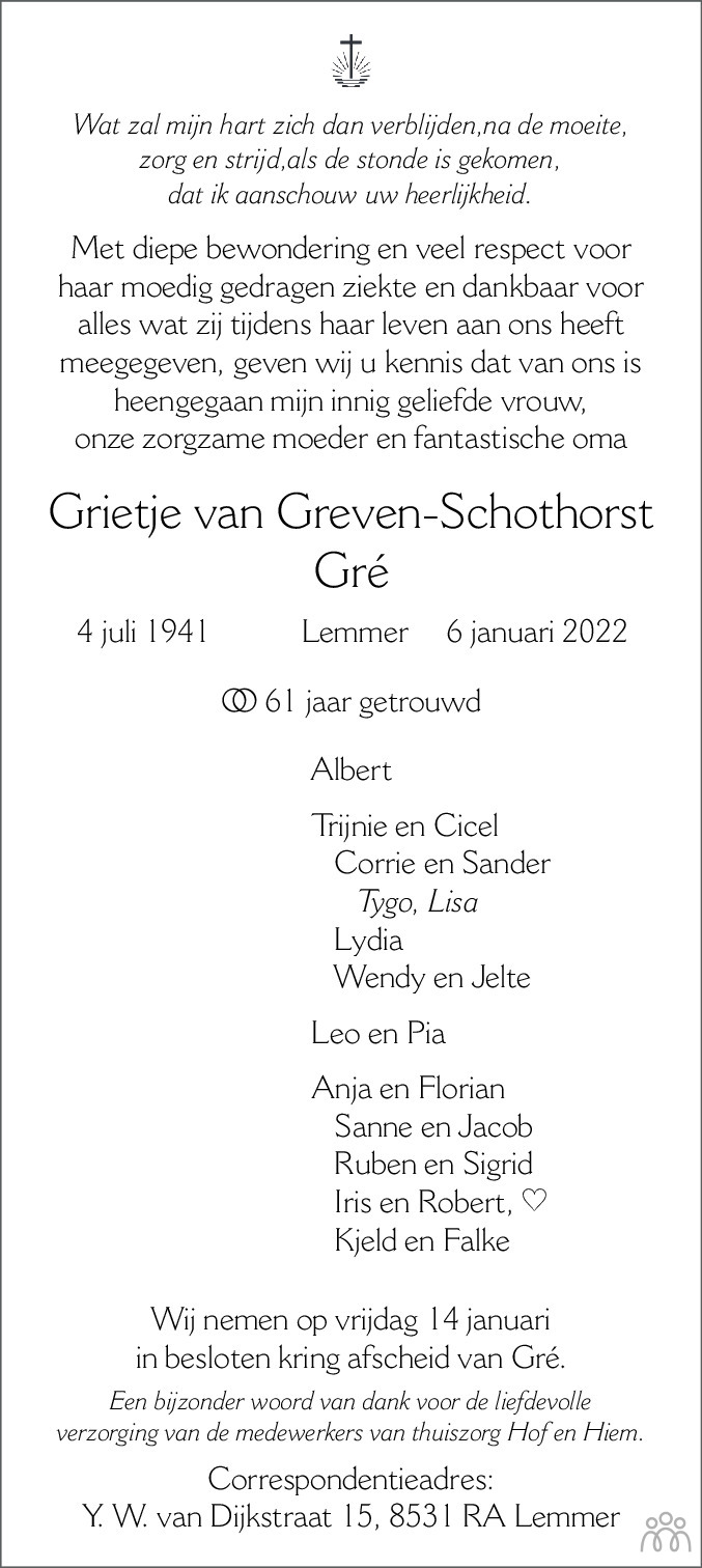 Overlijdensbericht van Grietje (Gré) van Greven-Schothorst in Jouster Courant Zuid Friesland