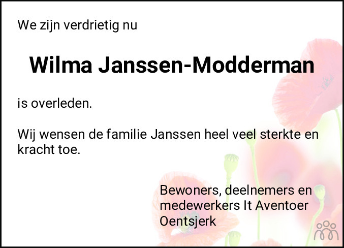 Overlijdensbericht van Wilma Janssen-Modderman in Leeuwarder Courant