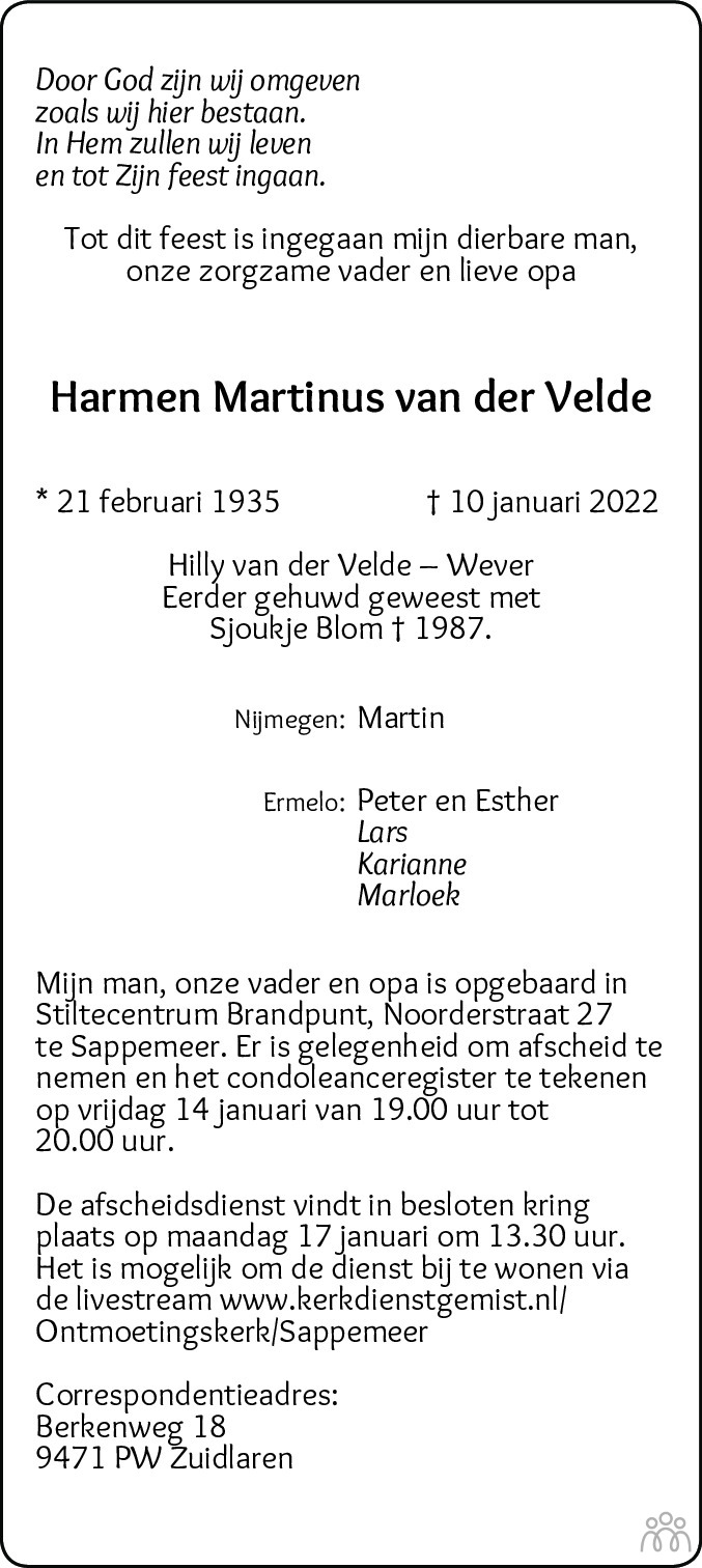 Overlijdensbericht van Harmen Martinus van der Velde in Dagblad van het Noorden