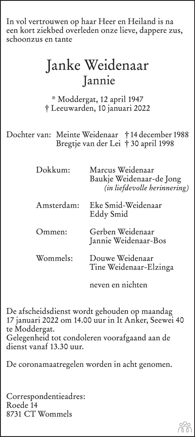 Overlijdensbericht van Janke (Jannie) Weidenaar in Friesch Dagblad