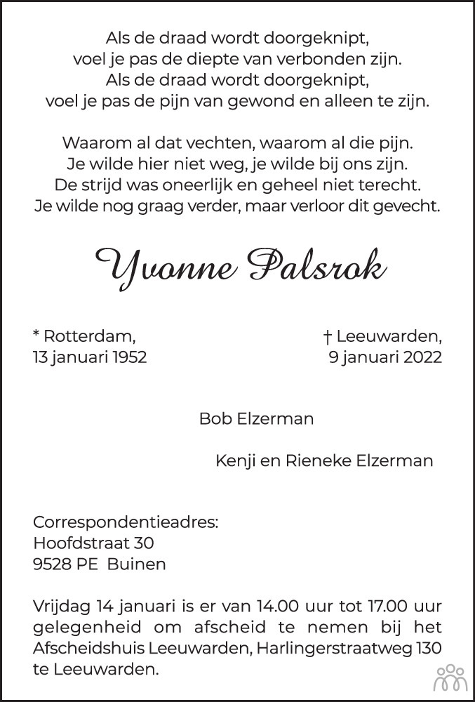 Overlijdensbericht van Yvonne Palsrok in Leeuwarder Courant