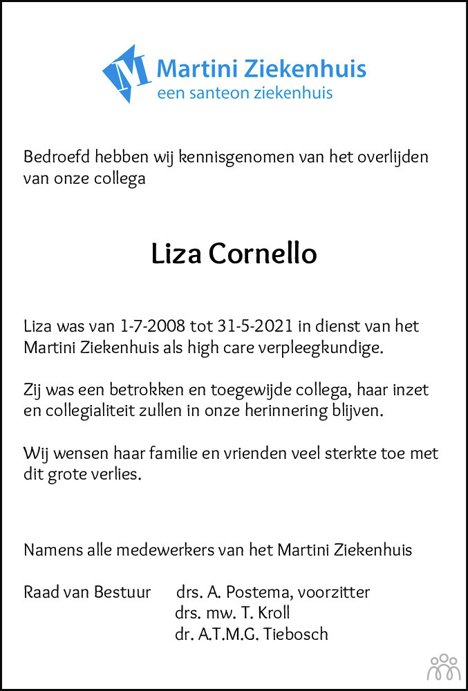 Overlijdensbericht van Elizebeth (Liza) Cornello in Dagblad van het Noorden