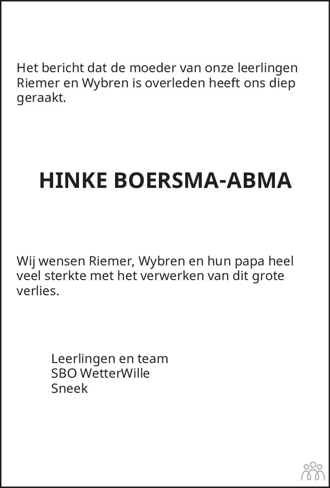 Overlijdensbericht van Hinke Boersma-Abma in Leeuwarder Courant
