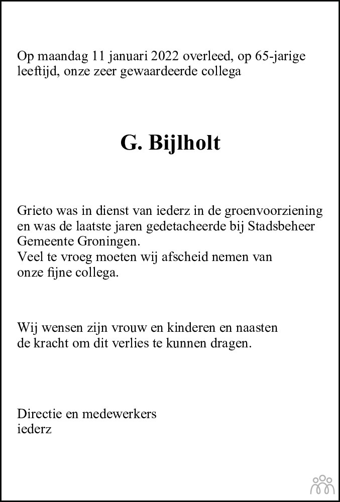 Overlijdensbericht van G. Bijlholt in Dagblad van het Noorden