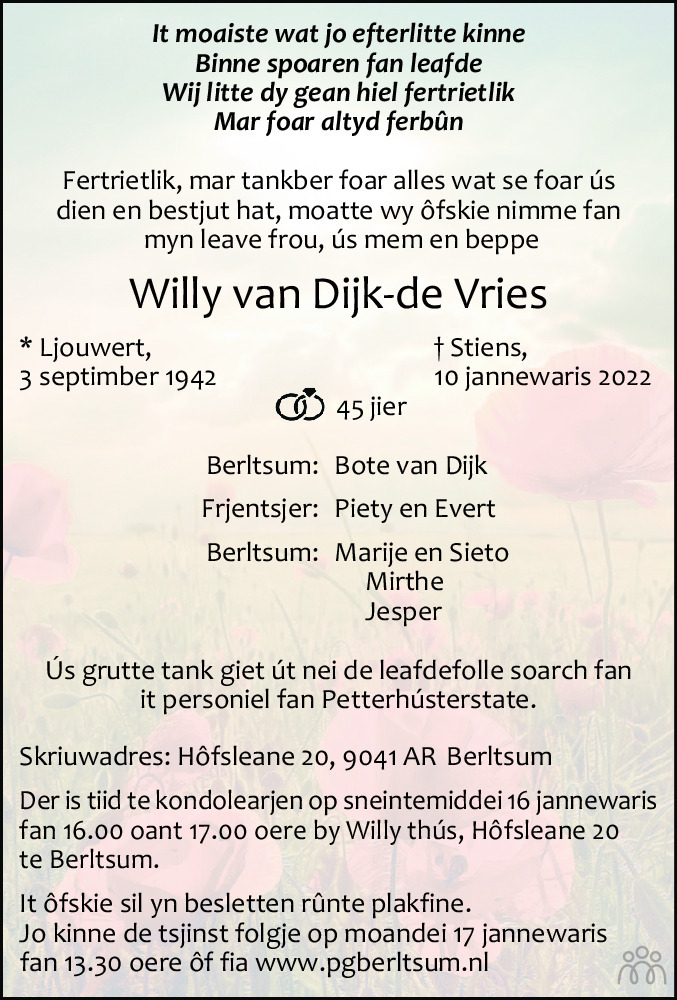Overlijdensbericht van Willy van Dijk-de Vries in Leeuwarder Courant