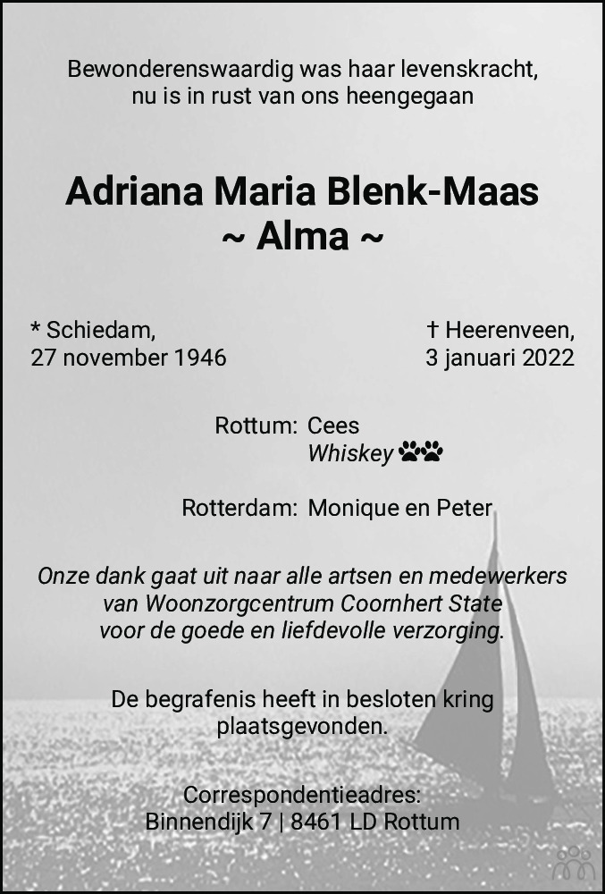 Overlijdensbericht van Adriana Maria (Alma) Blenk-Maas in Heerenveense Courant