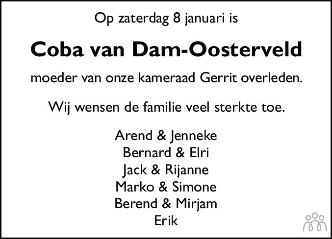 Overlijdensbericht van Jacoba (Coba) van Dam-Oosterveld in Hoogeveensche Courant