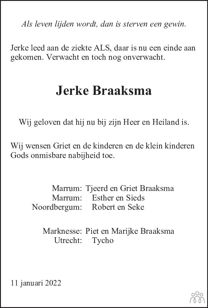 Overlijdensbericht van Jerke Braaksma in Friesch Dagblad