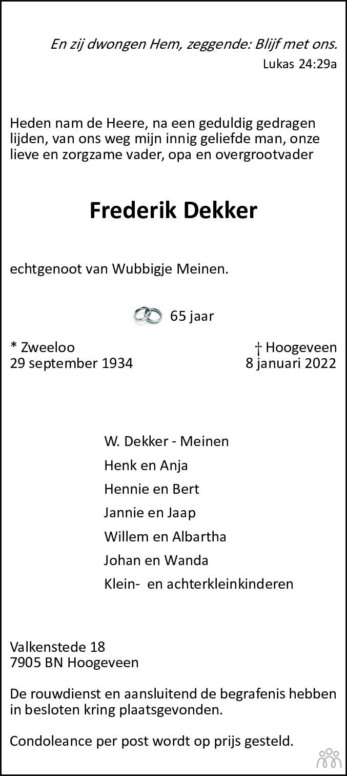 Overlijdensbericht van Frederik Dekker in Hoogeveensche Courant