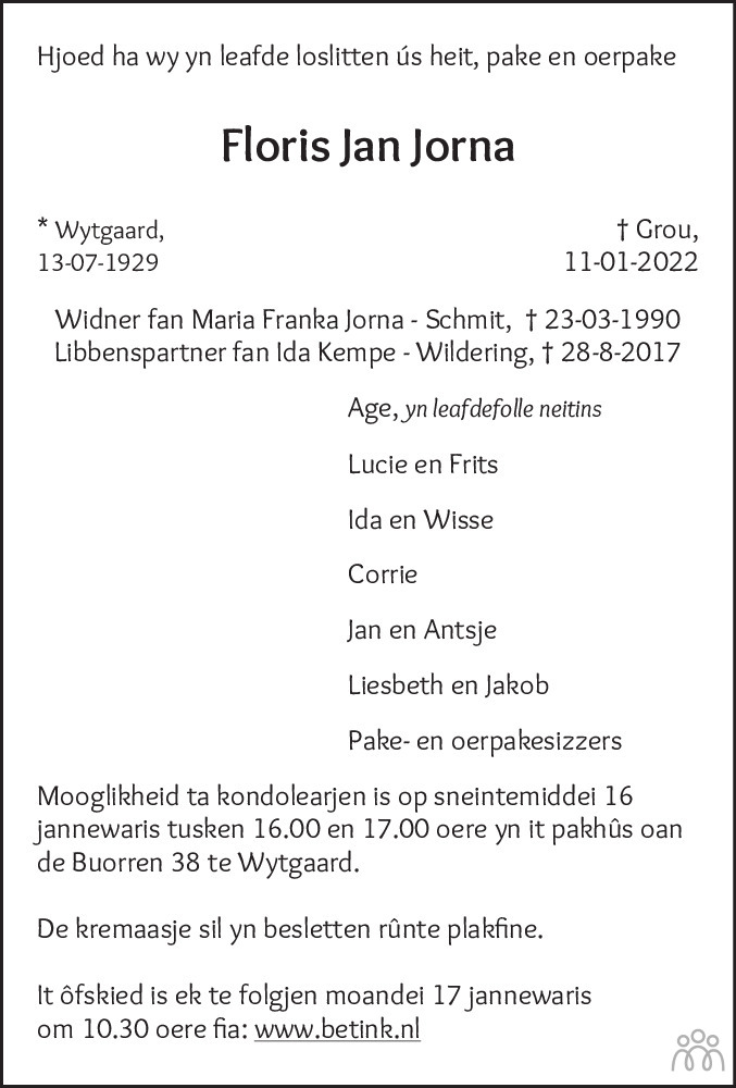 Overlijdensbericht van Floris Jan Jorna in Leeuwarder Courant