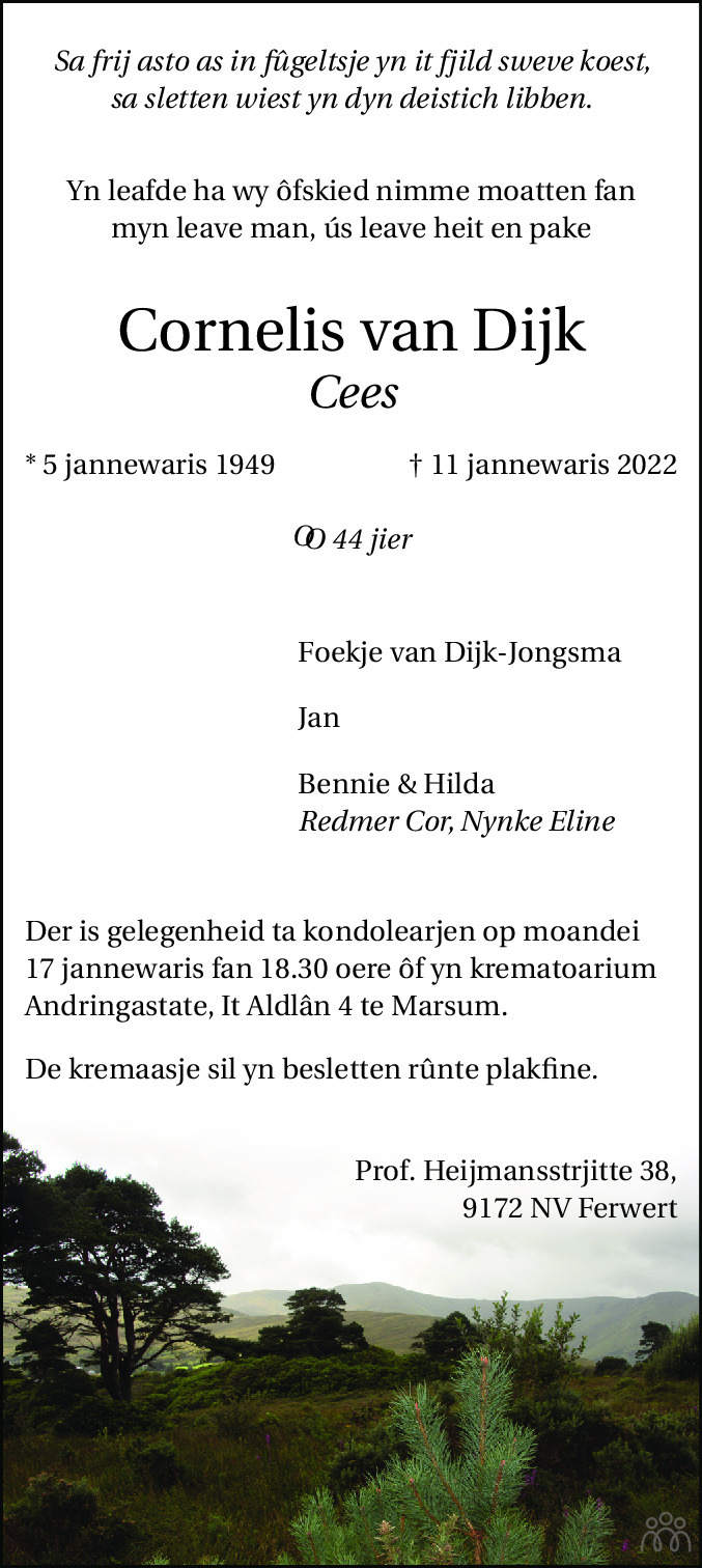 Overlijdensbericht van Cornelis (Cees) van Dijk in Leeuwarder Courant