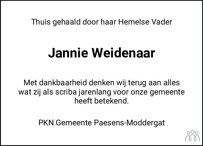 Overlijdensbericht van Janke (Jannie) Weidenaar in Friesch Dagblad