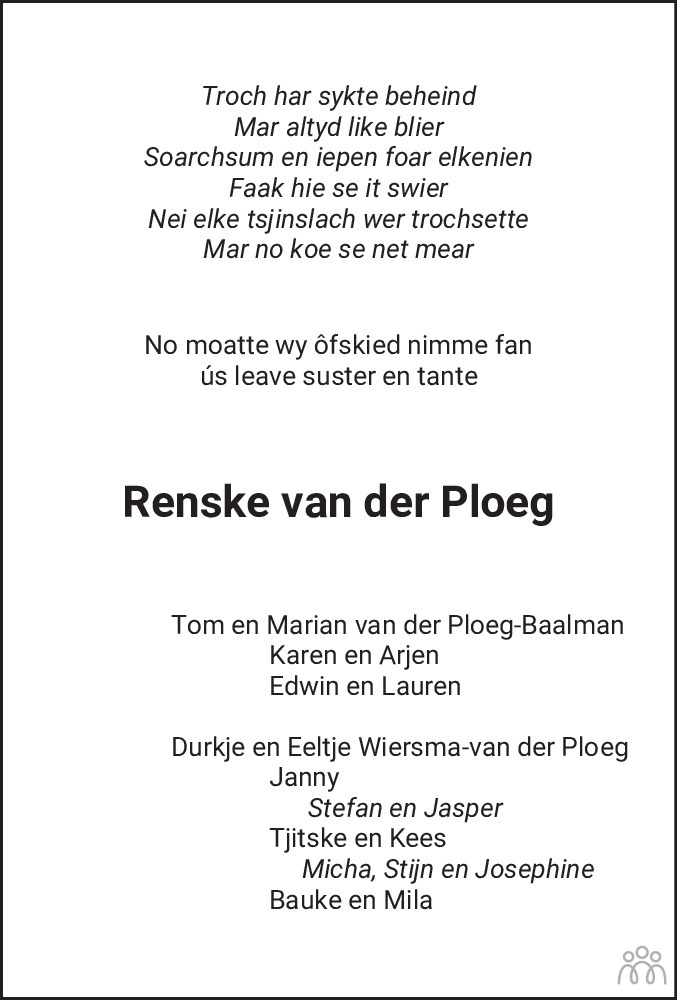 Overlijdensbericht van Renske van der Ploeg in Dagblad van het Noorden