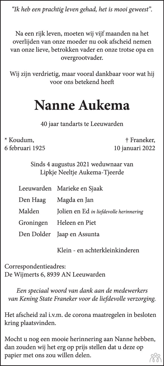 Overlijdensbericht van Nanne Aukema in Leeuwarder Courant