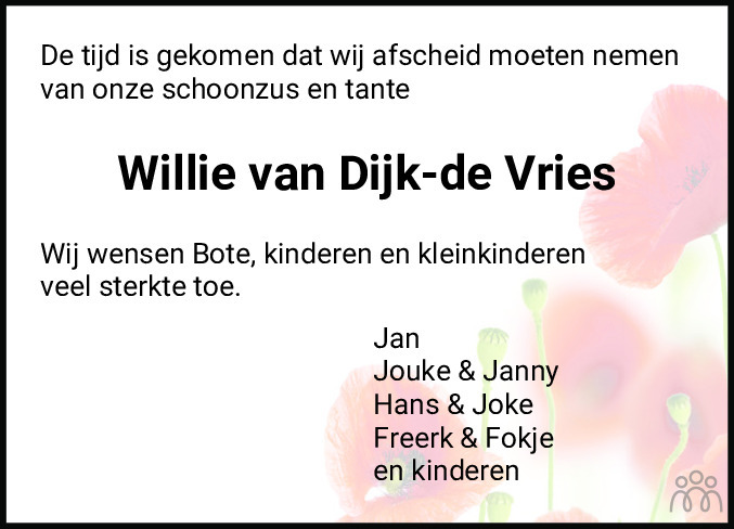 Overlijdensbericht van Willy van Dijk-de Vries in Leeuwarder Courant