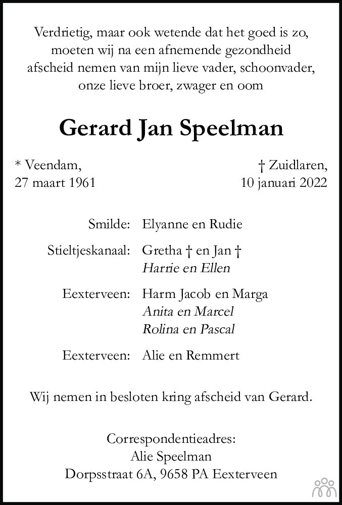 Overlijdensbericht van Gerard Jan Speelman in Dagblad van het Noorden