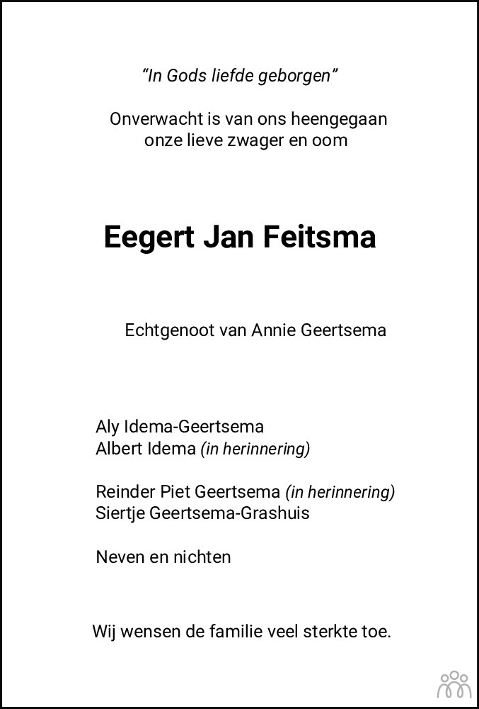 Overlijdensbericht van Eegert Jan Feitsma in Dagblad van het Noorden