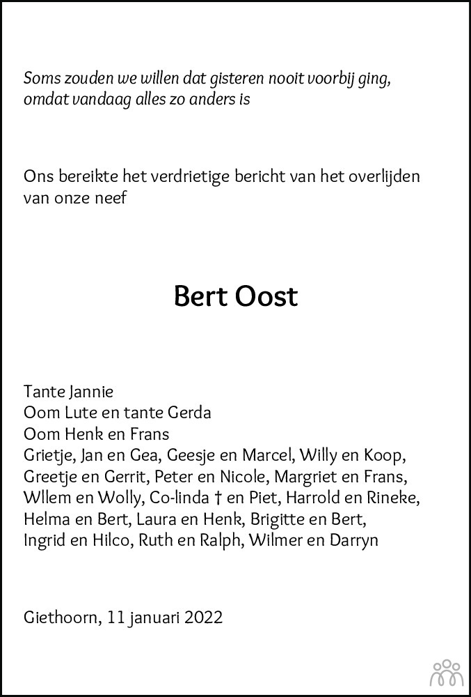 Overlijdensbericht van Lambertus (Bert) Oost in Meppeler Courant