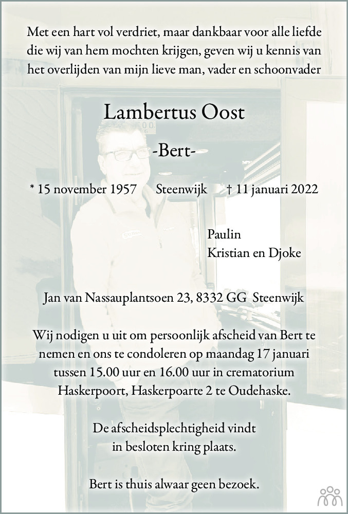 Overlijdensbericht van Lambertus (Bert) Oost in Meppeler Courant