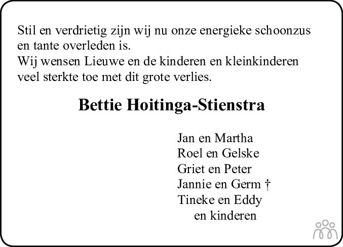 Overlijdensbericht van Lijsbeth (Bettie) Hoitinga-Stienstra in Leeuwarder Courant