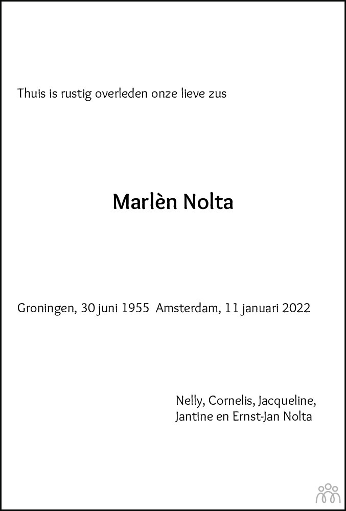 Overlijdensbericht van Marlèn Nolta in Dagblad van het Noorden
