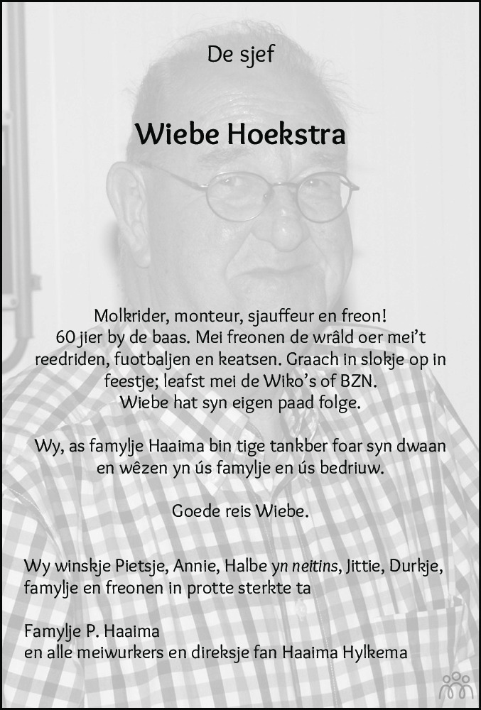 Overlijdensbericht van Wiebe Hoekstra in Leeuwarder Courant