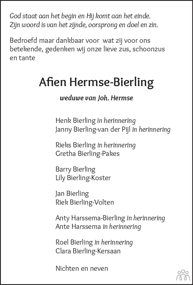 Overlijdensbericht van Afien (Aaf) Hermse-Bierling in Dagblad van het Noorden