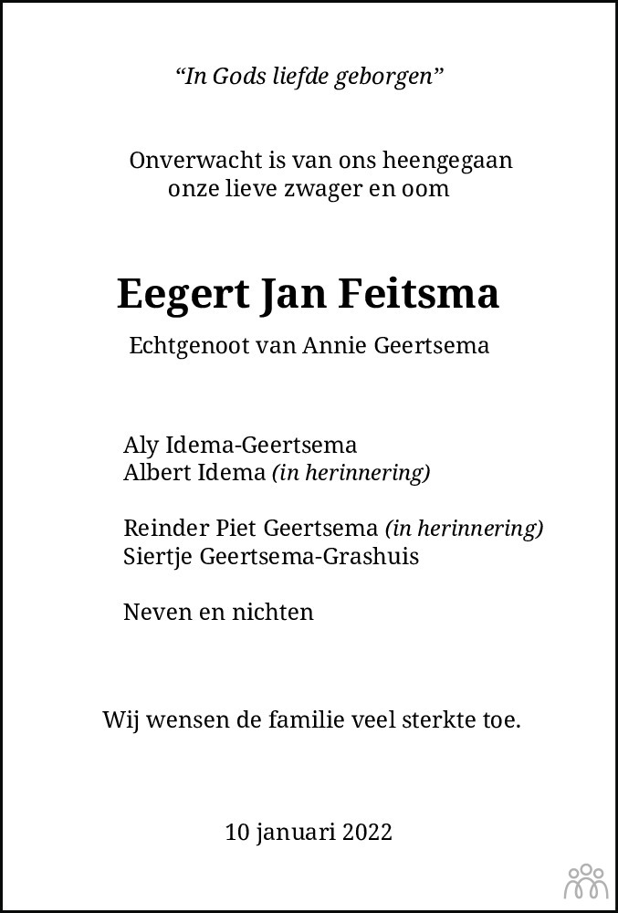 Overlijdensbericht van Eegert Jan Feitsma in Dagblad van het Noorden