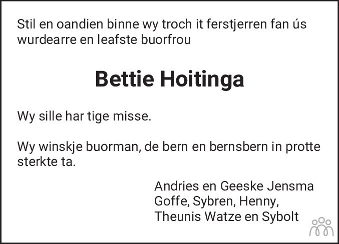 Overlijdensbericht van Lijsbeth (Bettie) Hoitinga-Stienstra in Friesch Dagblad