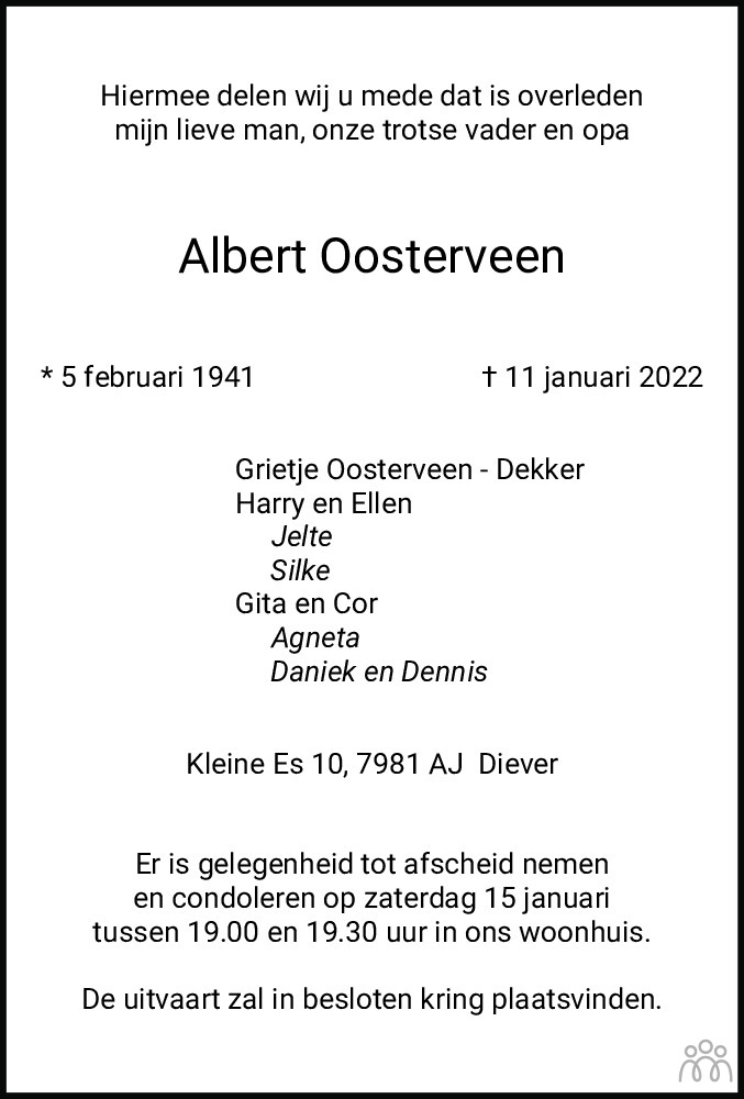 Overlijdensbericht van Albert Oosterveen in Meppeler Courant