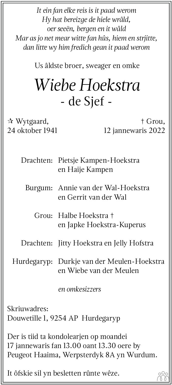 Overlijdensbericht van Wiebe Hoekstra in Leeuwarder Courant