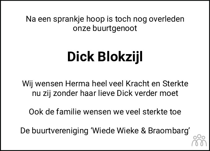 Overlijdensbericht van Dirk Jacob (Dick) Blokzijl in Hoogeveensche Courant