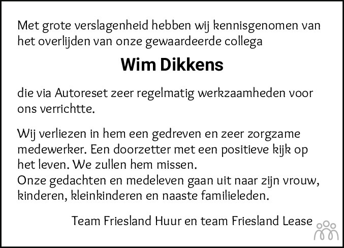 Overlijdensbericht van Wim Dikkens in Leeuwarder Courant