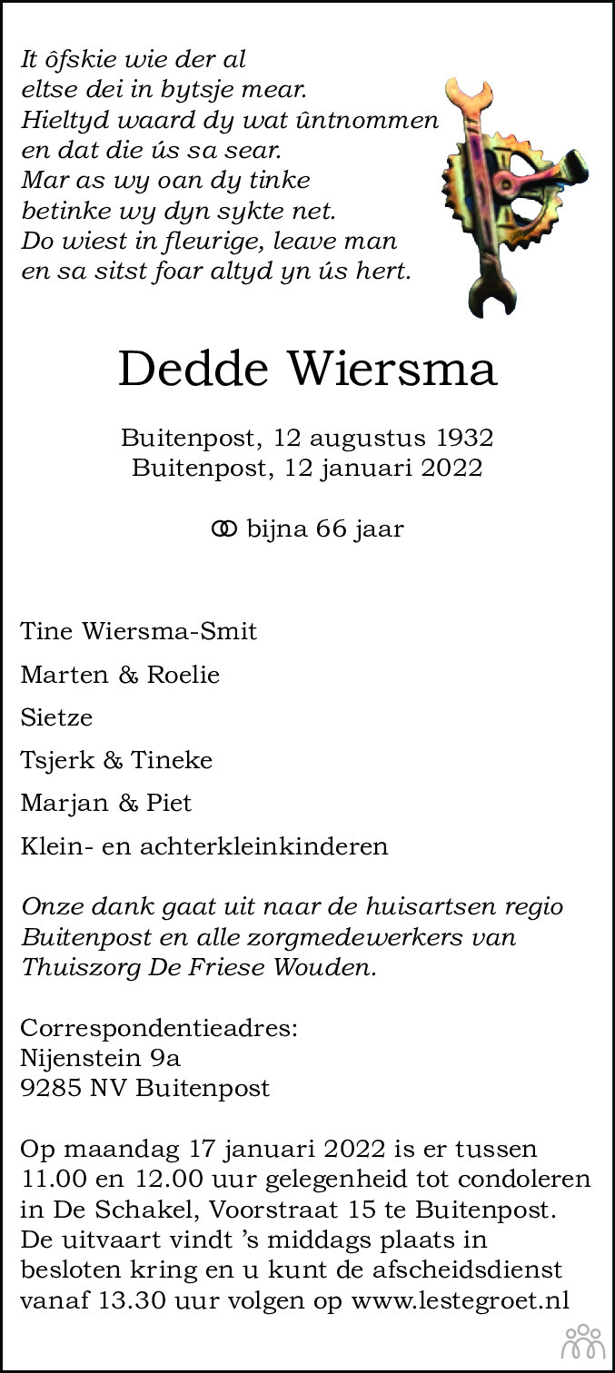 Overlijdensbericht van Dedde Wiersma in Leeuwarder Courant