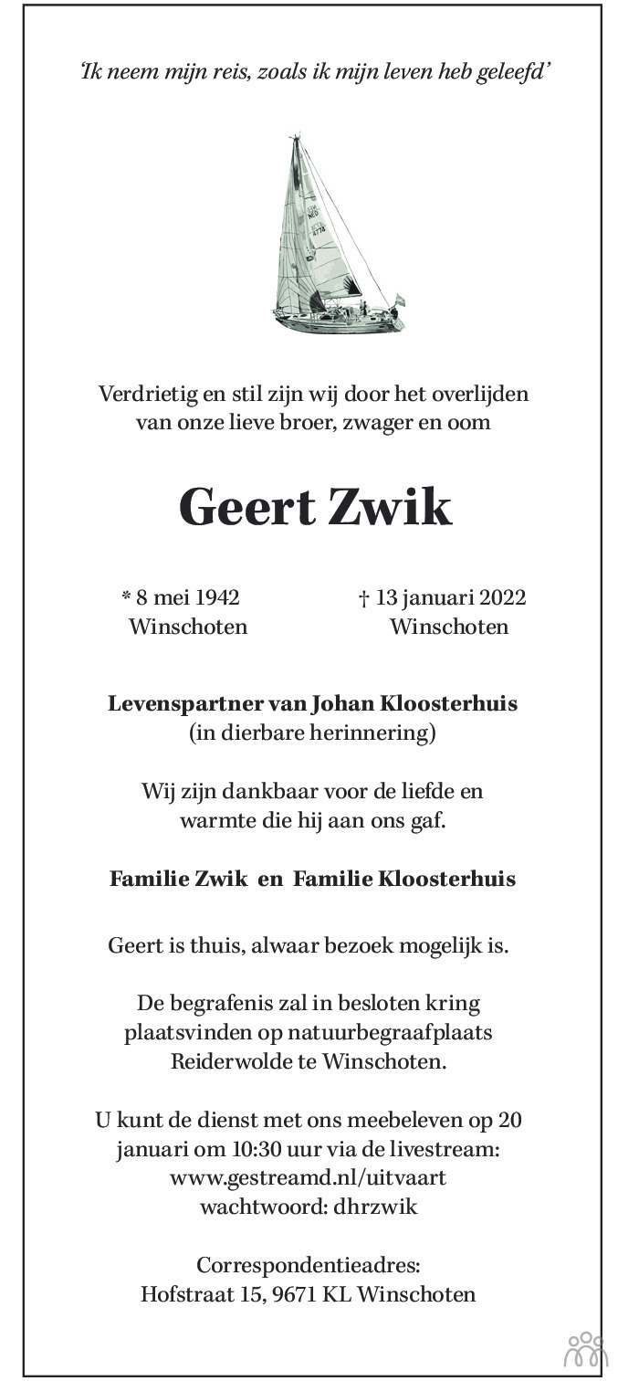 Overlijdensbericht van Geert Zwik in Dagblad van het Noorden