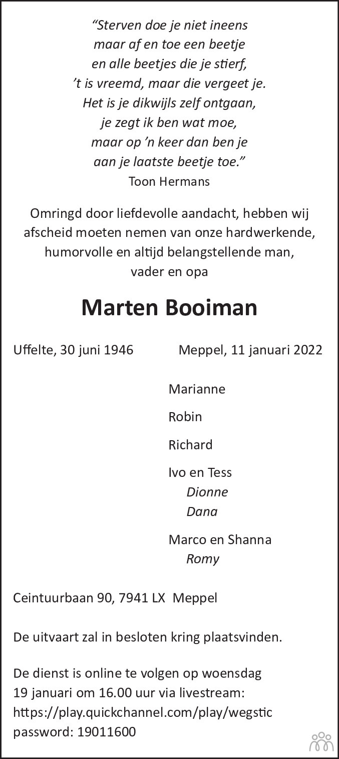Overlijdensbericht van Marten Booiman in Meppeler Courant